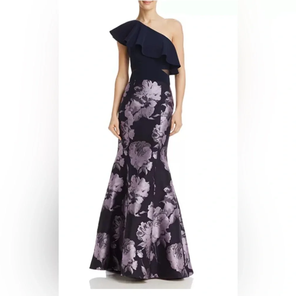 One-Shoulder Brocade Gown for Wedding or Party - Blue and Pink - size 2 - Picture 1 of 17
